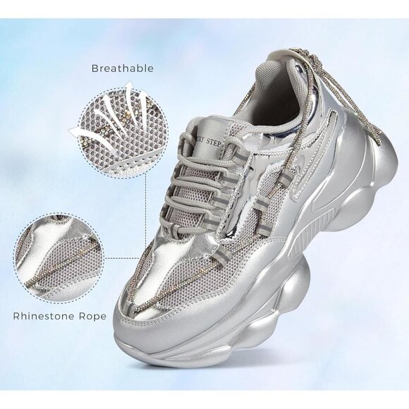 Women's 90s Chunky Sneakers Rope Platform Casual Thick Rave Walking Shoes Silver - Picture 3 of 9